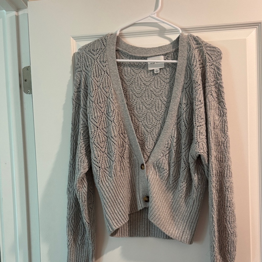 Pink Rose Light Gray Open Knit V-Neck Button Cardigan